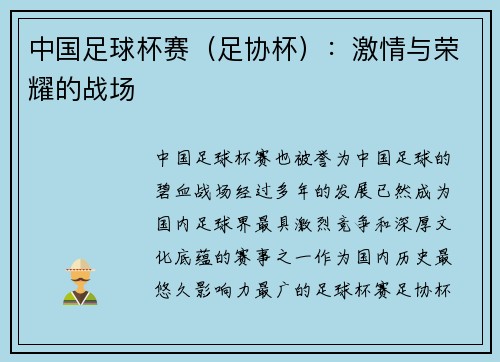 中国足球杯赛（足协杯）：激情与荣耀的战场