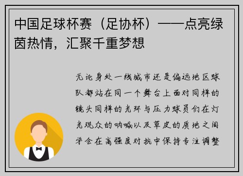 中国足球杯赛（足协杯）——点亮绿茵热情，汇聚千重梦想