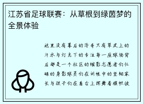 江苏省足球联赛：从草根到绿茵梦的全景体验