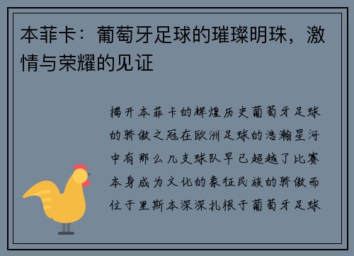 本菲卡：葡萄牙足球的璀璨明珠，激情与荣耀的见证
